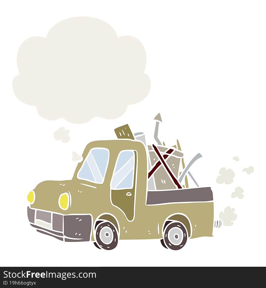 cartoon old truck with thought bubble in retro style