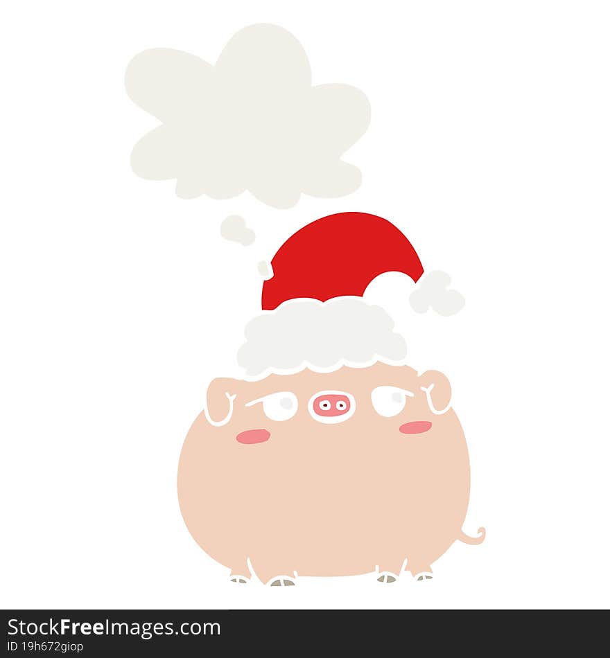 cartoon pig wearing christmas hat and thought bubble in retro style