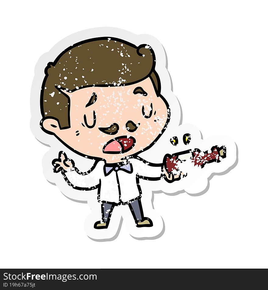 distressed sticker of a cartoon wine expert