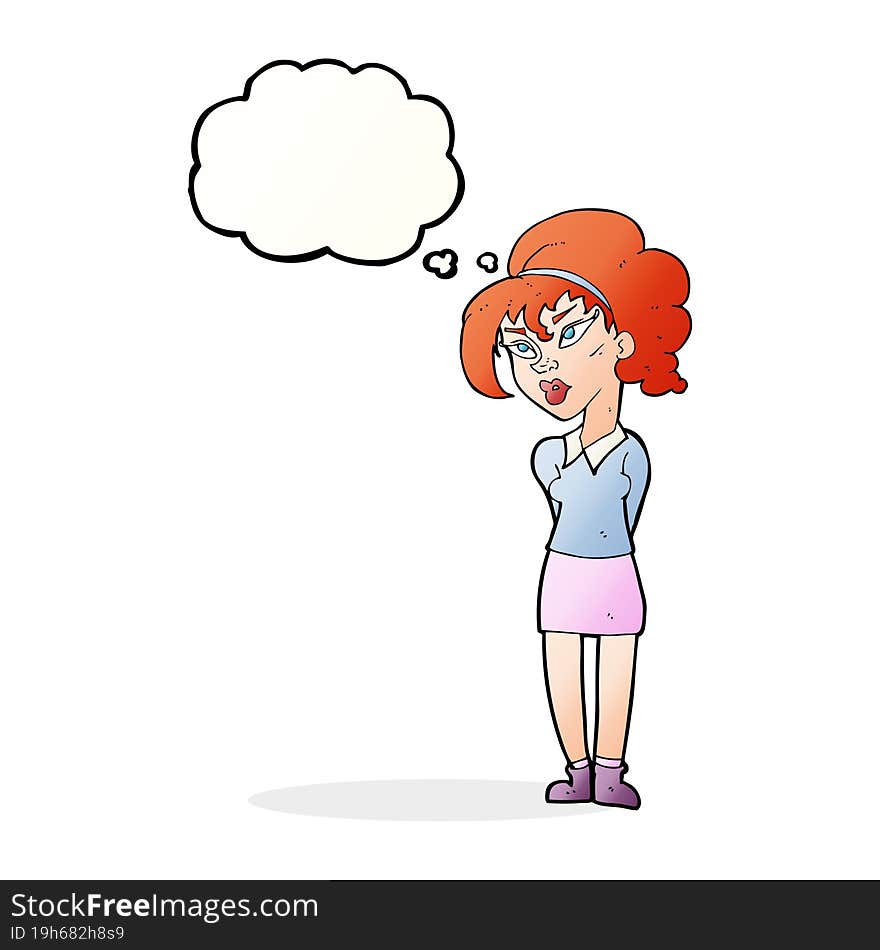 cartoon pretty girl tilting head with thought bubble