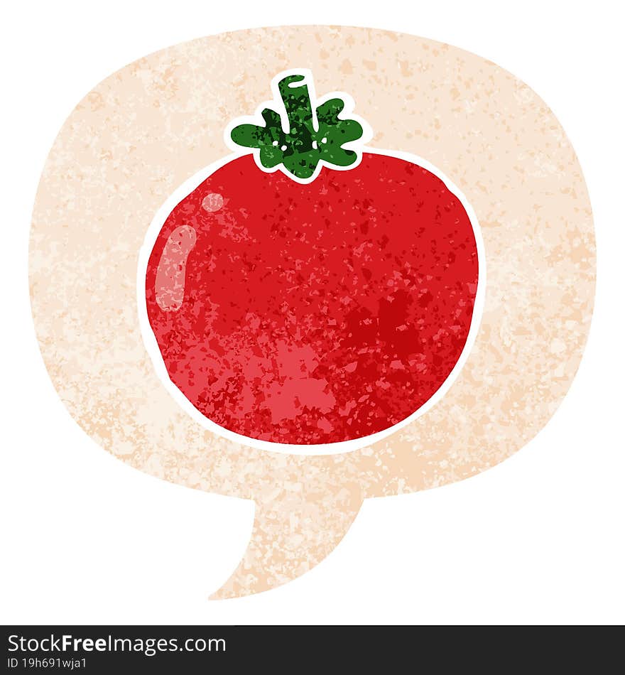 cartoon tomato and speech bubble in retro textured style