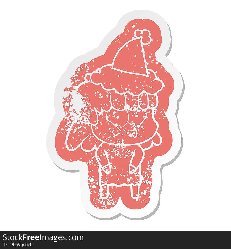 cartoon distressed sticker of a whistling girl wearing santa hat