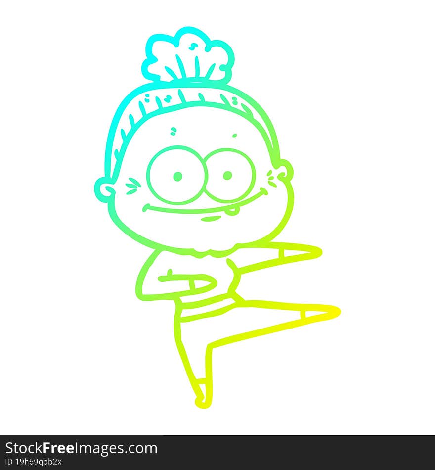 cold gradient line drawing of a cartoon happy old woman