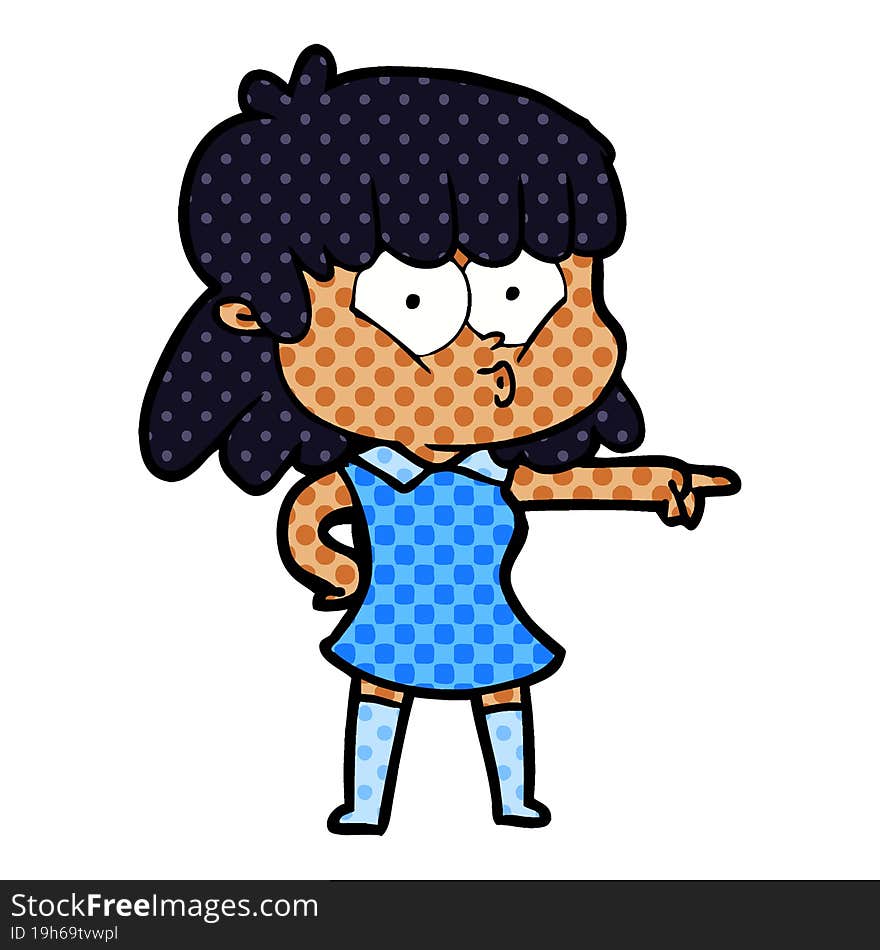 cartoon whistling girl pointing. cartoon whistling girl pointing