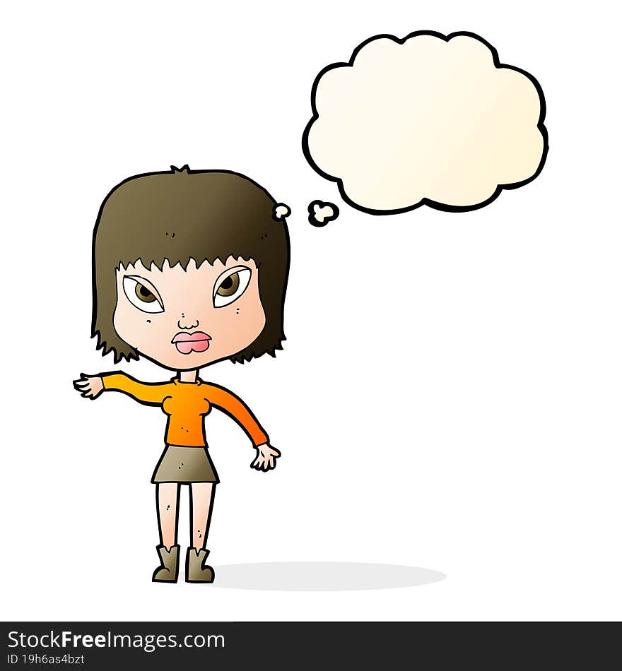 cartoon woman making gesture with thought bubble