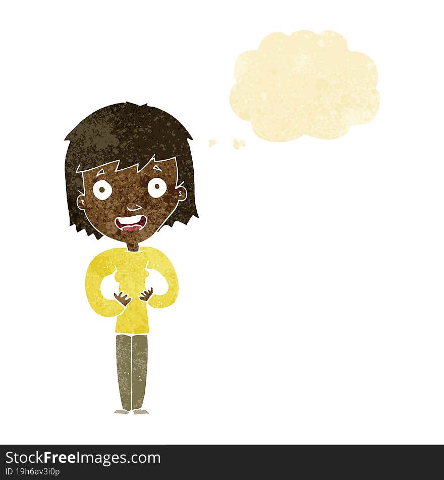 cartoon happy woman with thought bubble