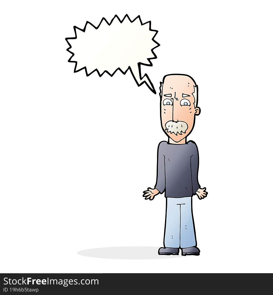 cartoon dad shrugging shoulders with speech bubble