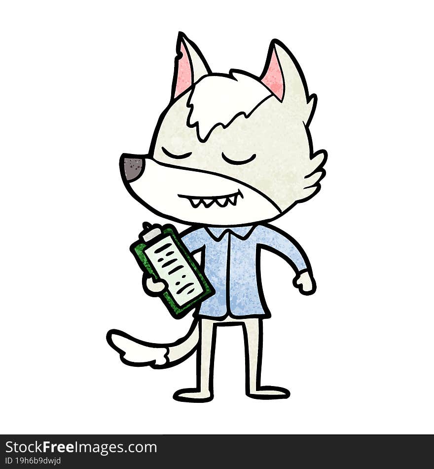 friendly cartoon wolf with notes. friendly cartoon wolf with notes