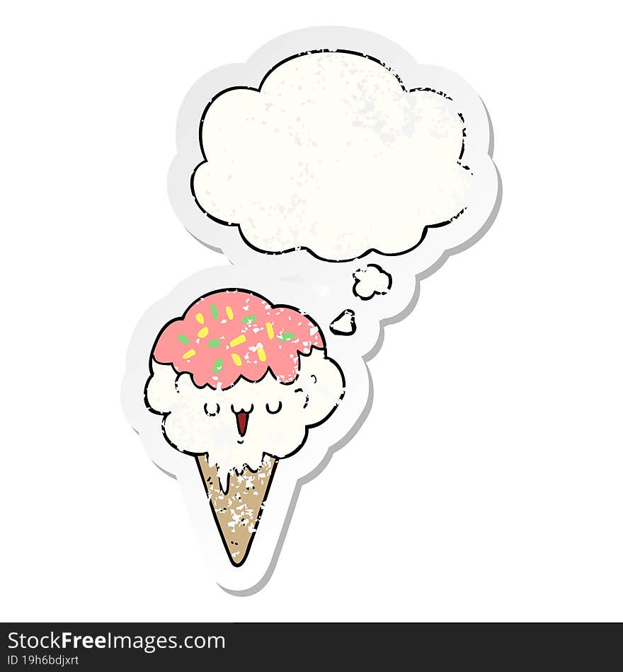 cartoon ice cream and thought bubble as a distressed worn sticker