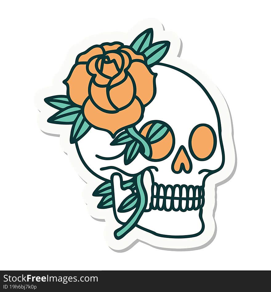 sticker of tattoo in traditional style of a skull and rose. sticker of tattoo in traditional style of a skull and rose