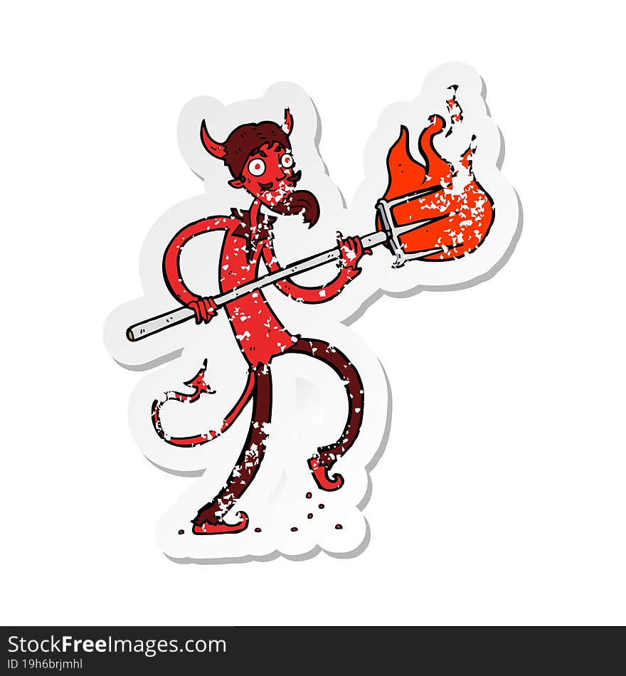 retro distressed sticker of a cartoon devil with pitchfork