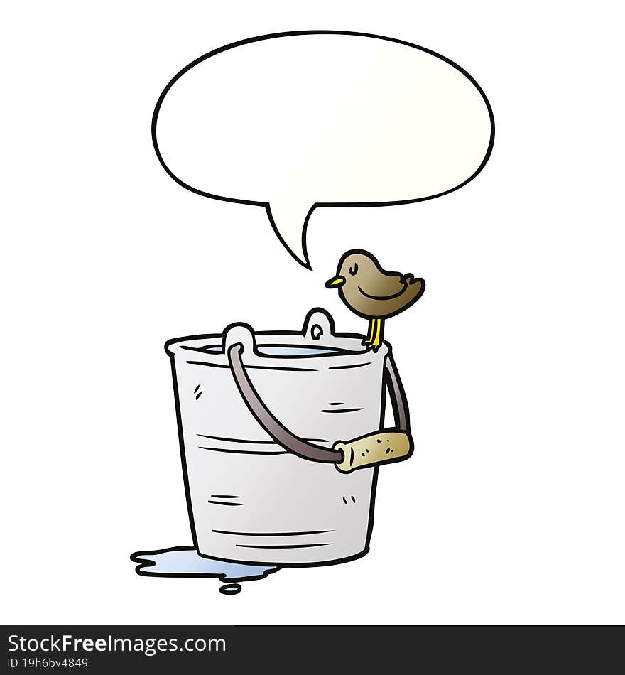 cartoon bird looking into bucket of water and speech bubble in smooth gradient style