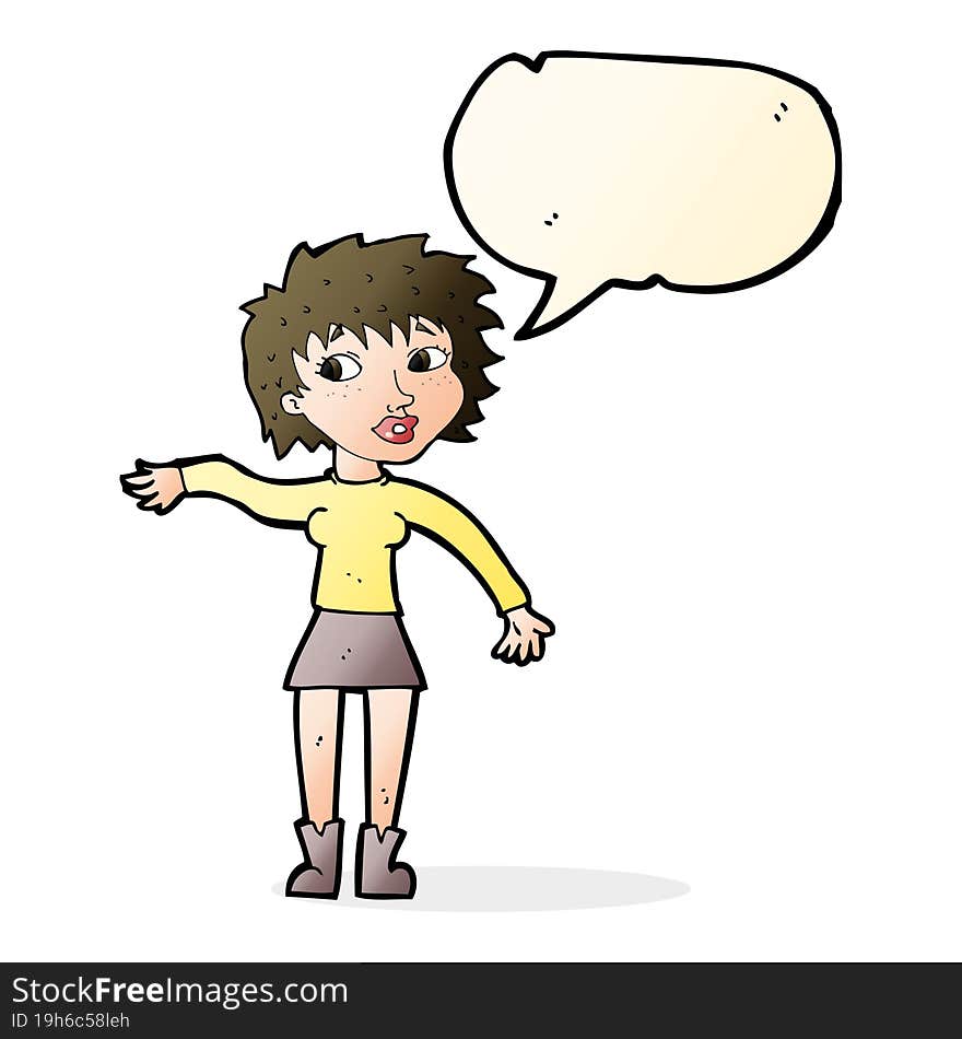 cartoon friendly woman waving with speech bubble