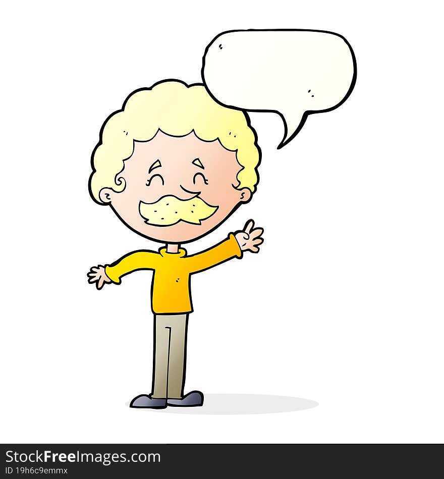 cartoon man with mustache waving with speech bubble