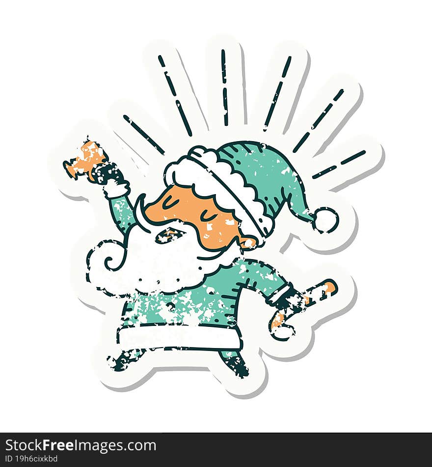 grunge sticker of tattoo style santa claus christmas character celebrating