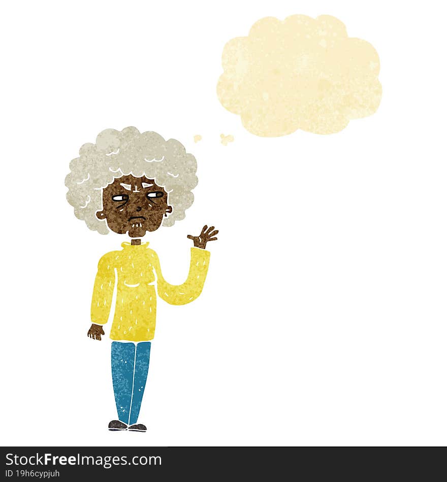 cartoon annoyed old woman waving with thought bubble