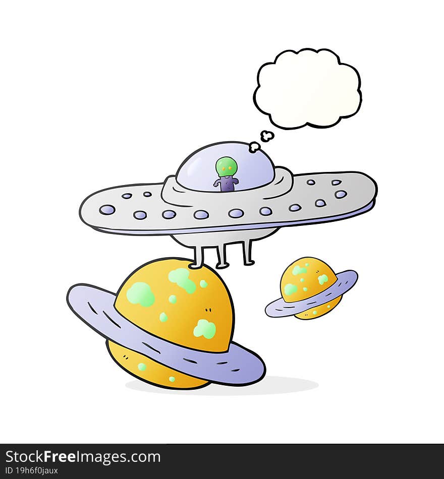 freehand drawn thought bubble cartoon flying saucer in space