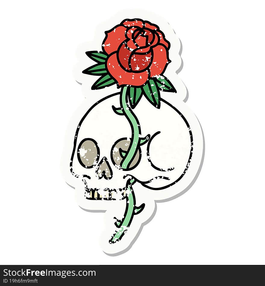 distressed sticker tattoo in traditional style of a skull and rose. distressed sticker tattoo in traditional style of a skull and rose