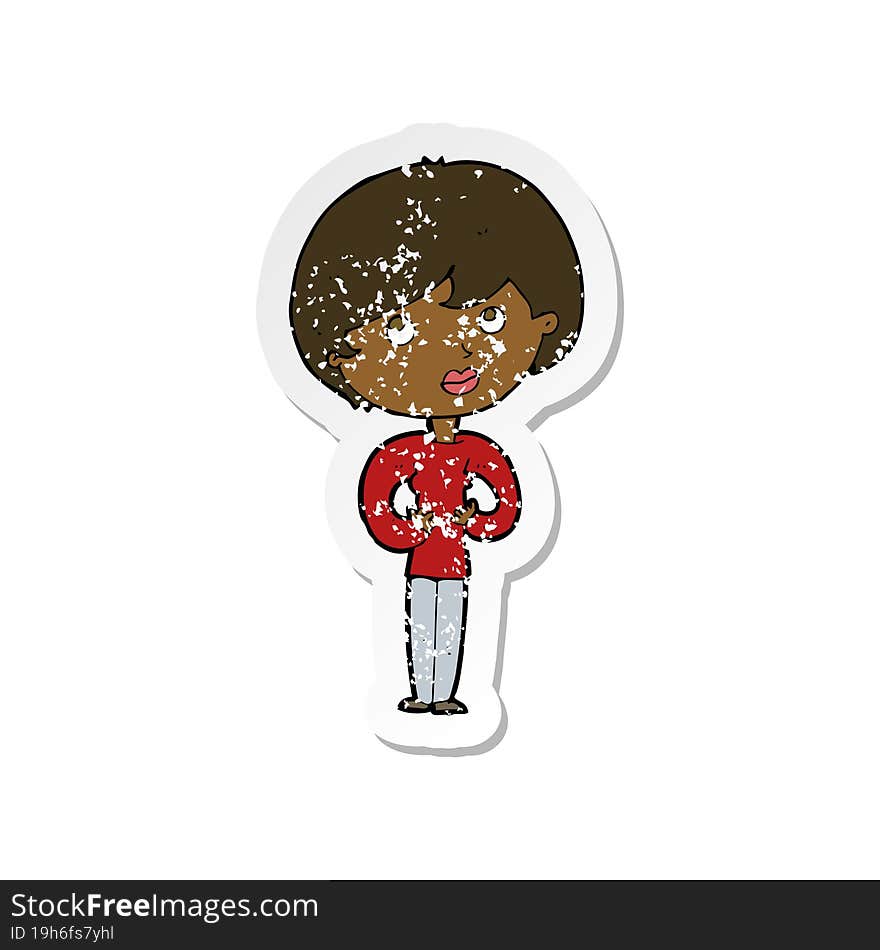 retro distressed sticker of a cartoon woman making Who Me gesture