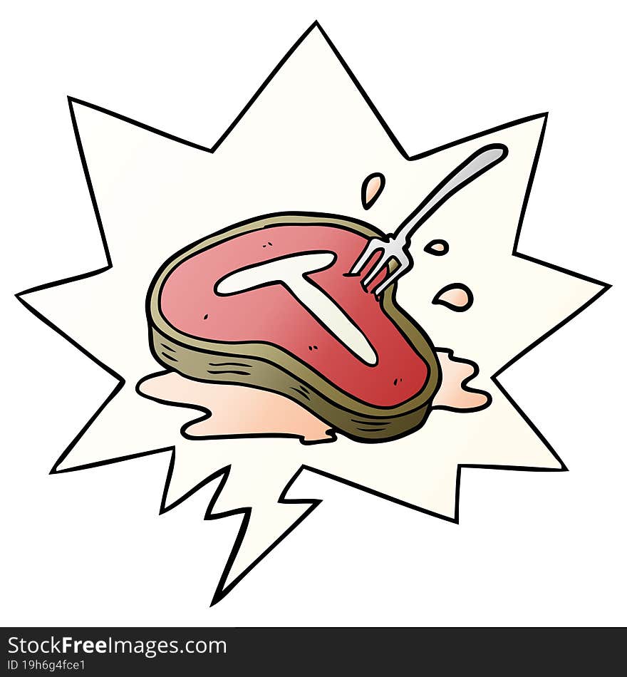 cartoon cooked steak and fork with speech bubble in smooth gradient style