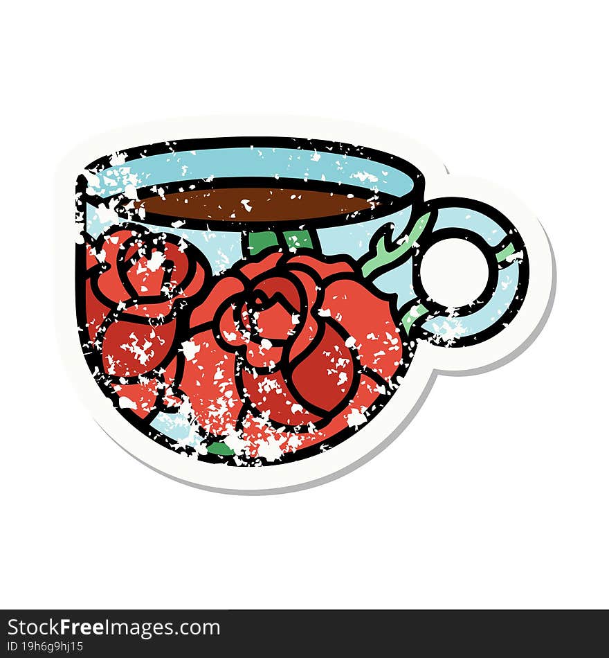 Traditional Distressed Sticker Tattoo Of A Cup And Flowers