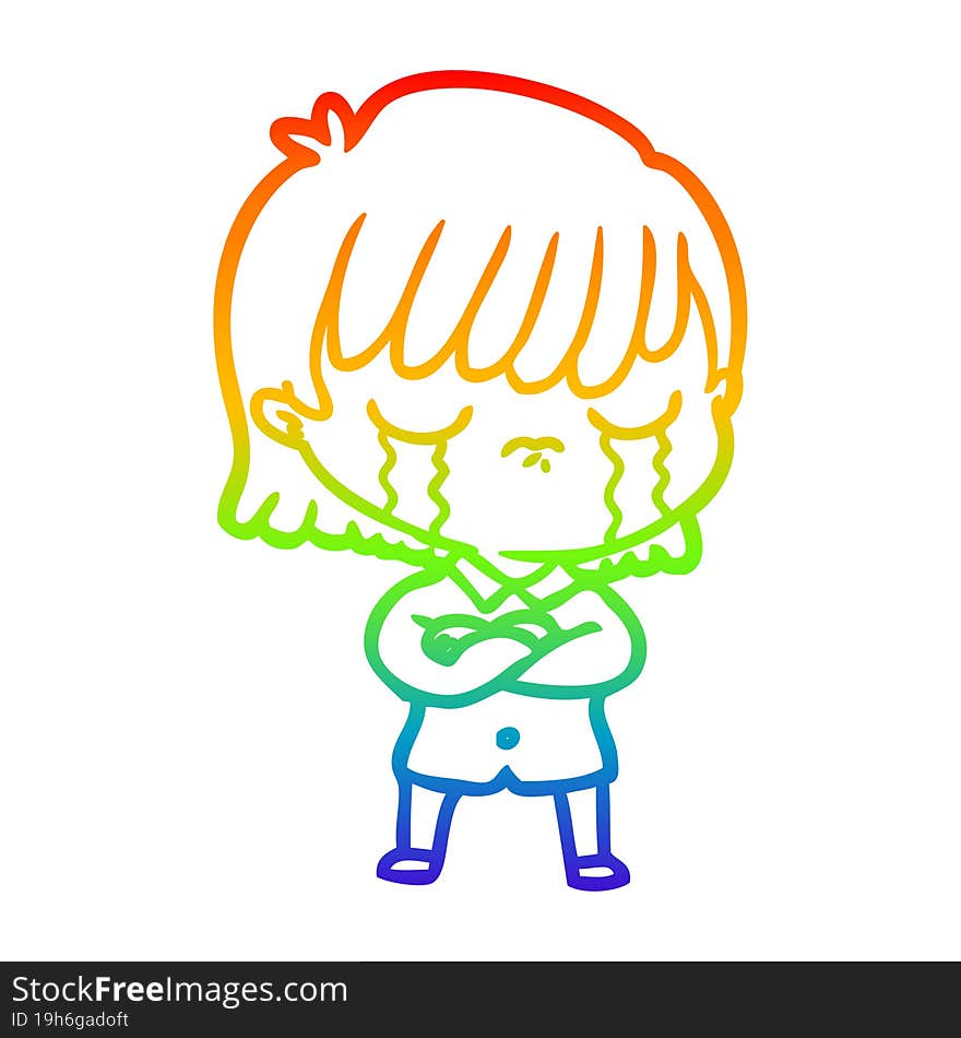 rainbow gradient line drawing of a cartoon woman crying