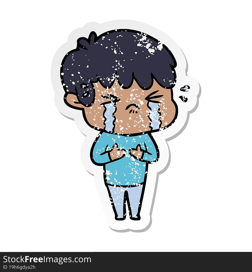 distressed sticker of a cartoon boy crying