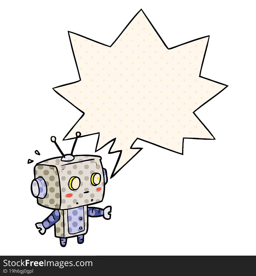 cute cartoon surprised robot and speech bubble in comic book style