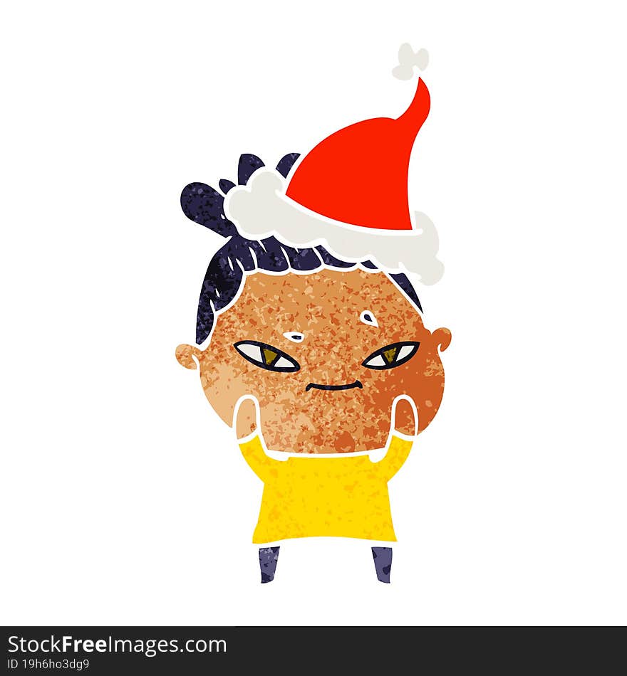 hand drawn retro cartoon of a woman wearing santa hat