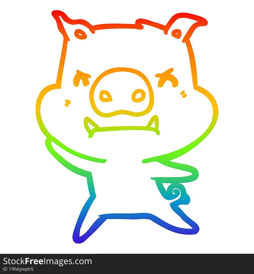 rainbow gradient line drawing of a angry cartoon pig