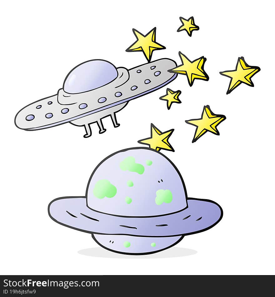 cartoon flying saucer and planet