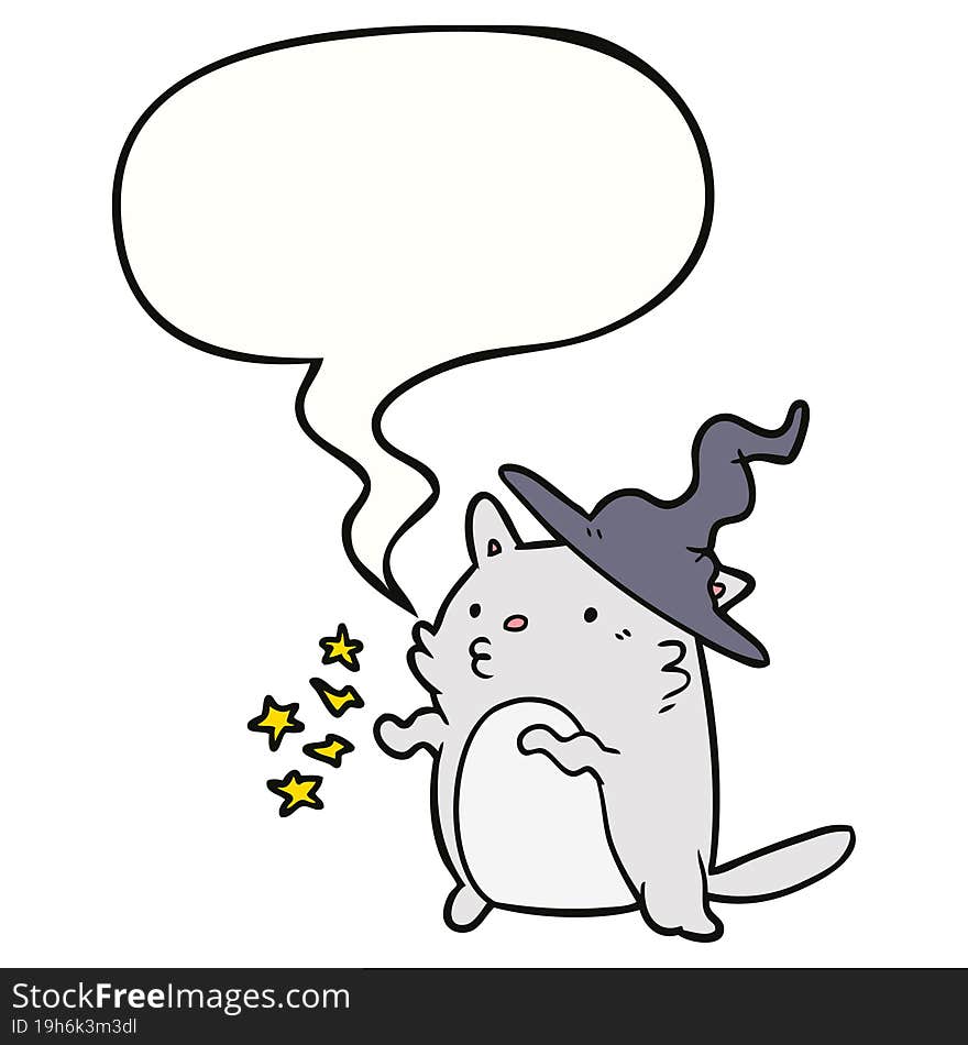 magical amazing cartoon cat wizard with speech bubble