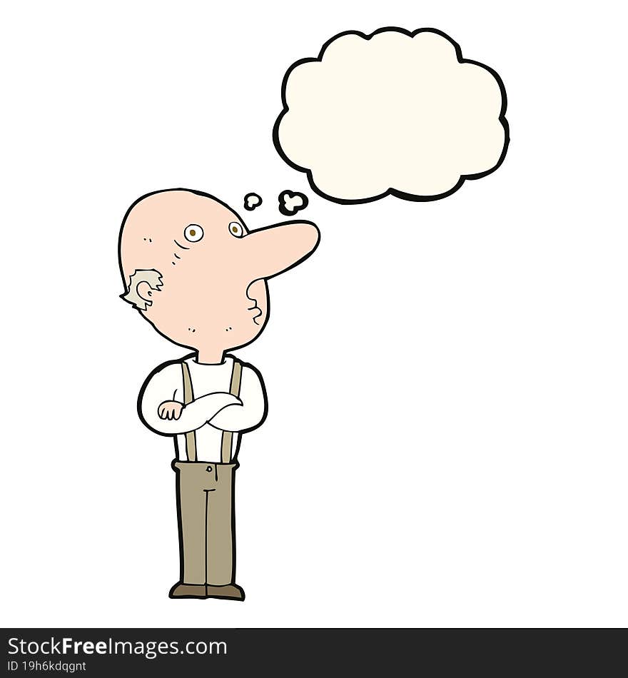 cartoon old man with folded arms with thought bubble