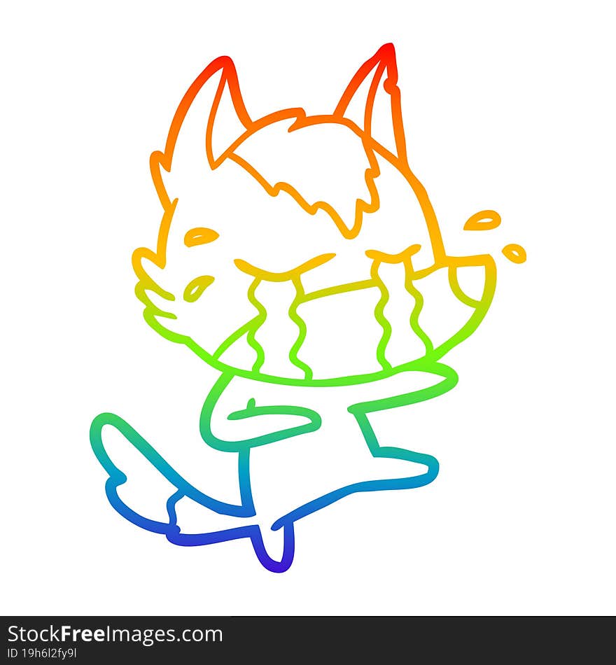 rainbow gradient line drawing of a cartoon crying wolf