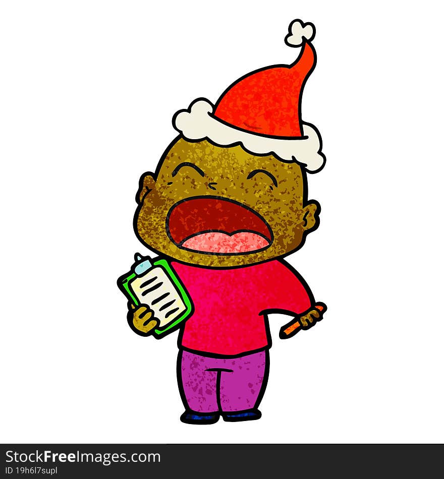 textured cartoon of a shouting bald man wearing santa hat