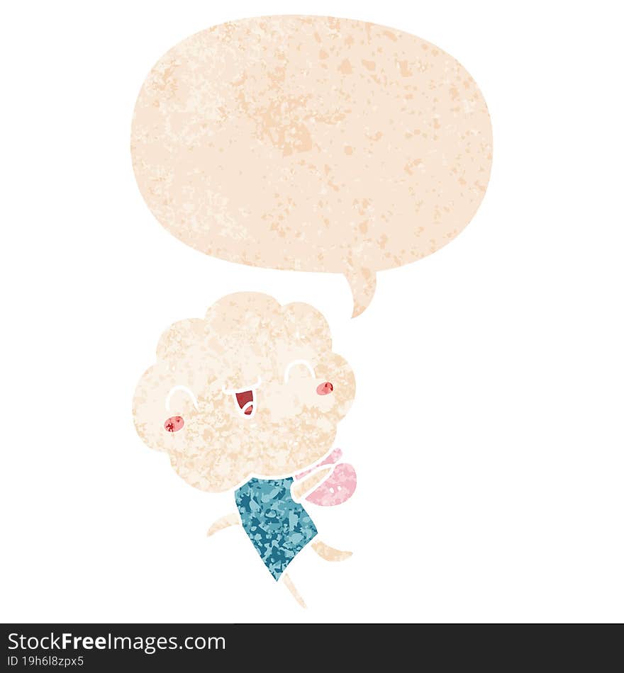 cute cartoon cloud head creature and speech bubble in retro textured style