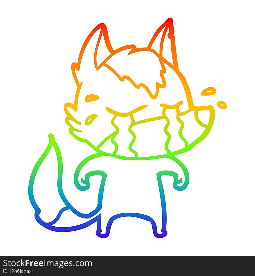 rainbow gradient line drawing of a cartoon crying wolf