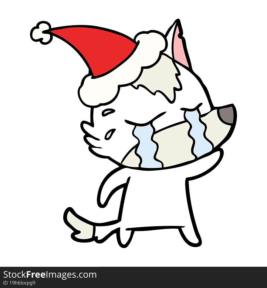 line drawing of a crying wolf wearing santa hat