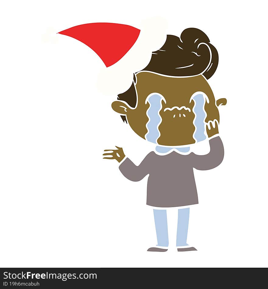 flat color illustration of a man crying wearing santa hat