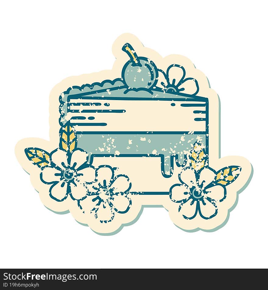 distressed sticker tattoo style icon of a slice of cake and flowers