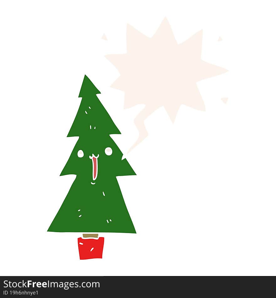 cartoon christmas tree and speech bubble in retro style