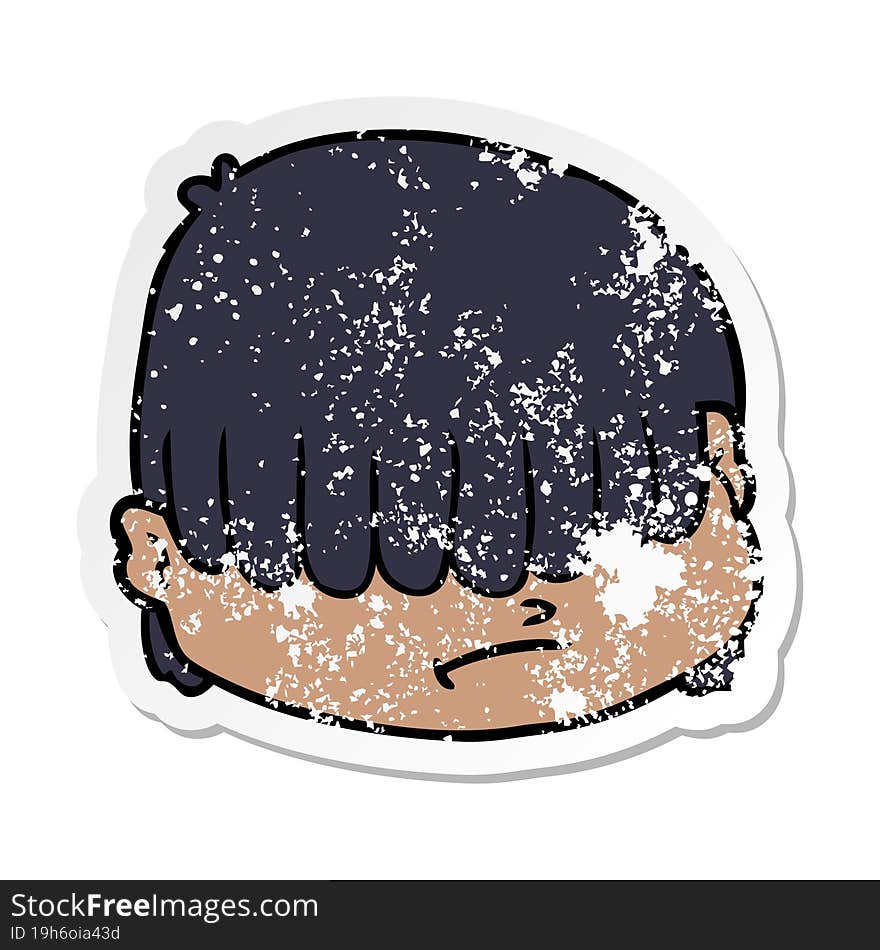 distressed sticker of a cartoon face with hair over eyes