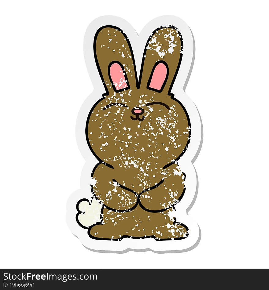 distressed sticker of a quirky hand drawn cartoon rabbit