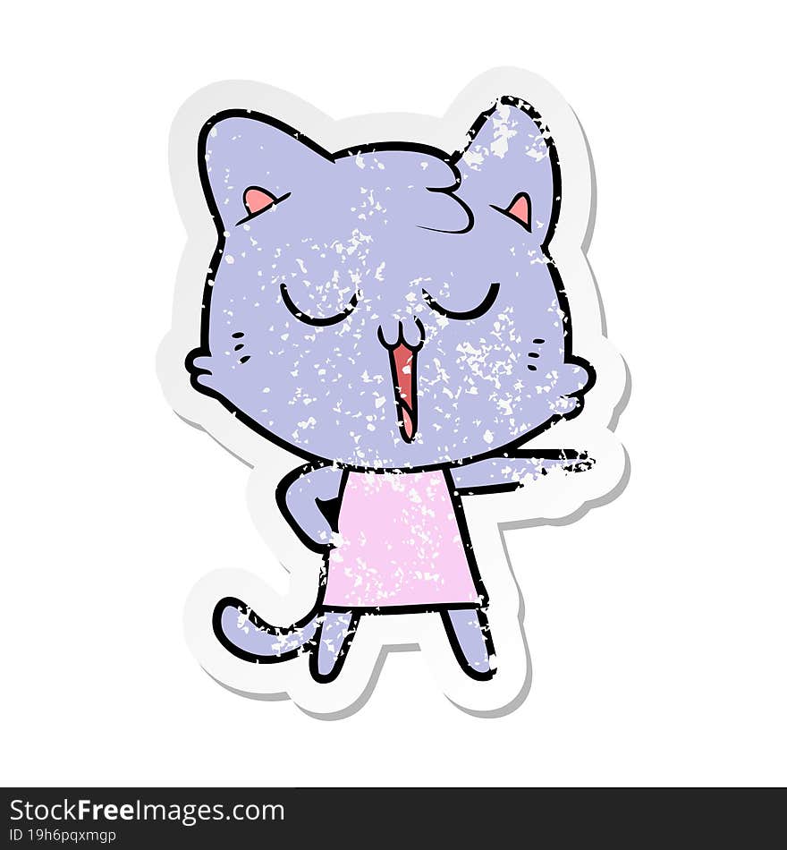 distressed sticker of a cartoon cat singing