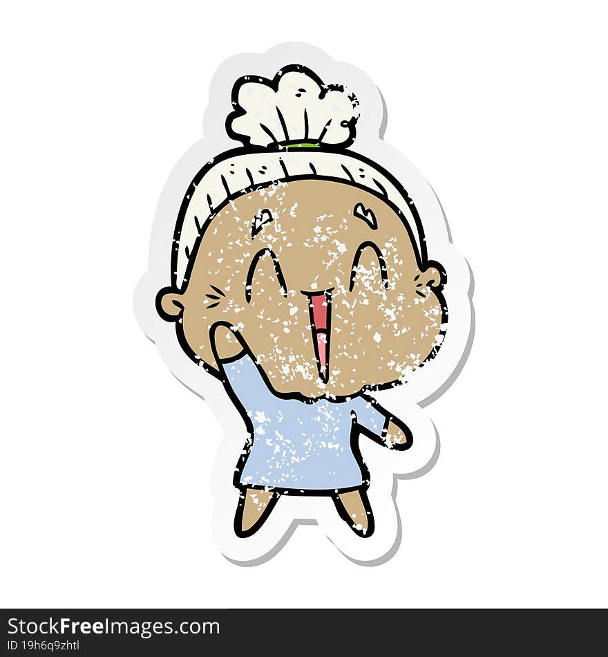 distressed sticker of a cartoon happy old lady