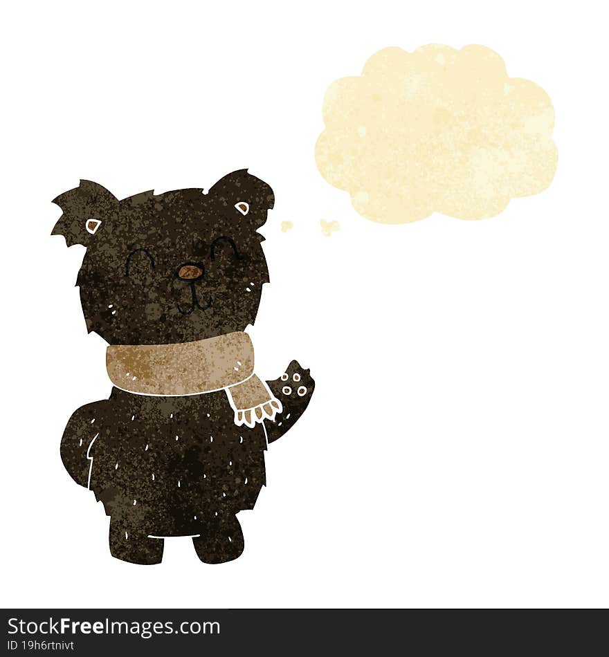 cartoon waving black bear with thought bubble