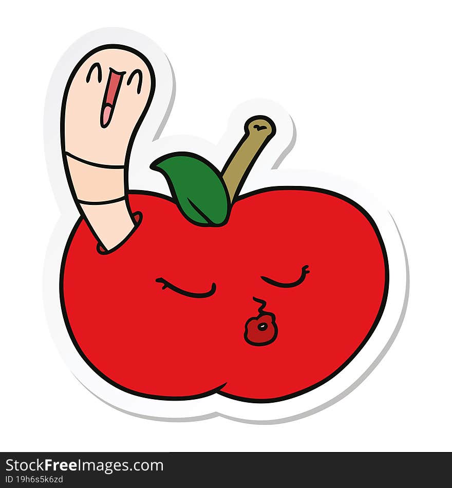 sticker of a cartoon worm in apple