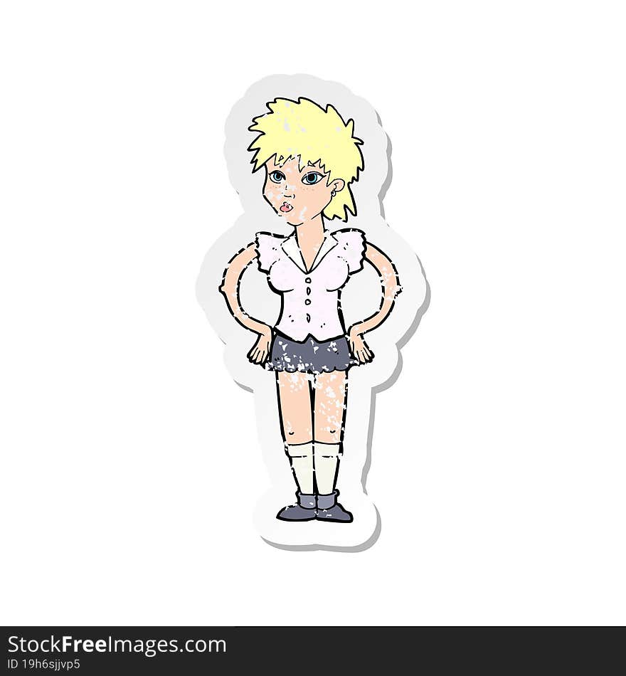 retro distressed sticker of a cartoon woman with hands on hips