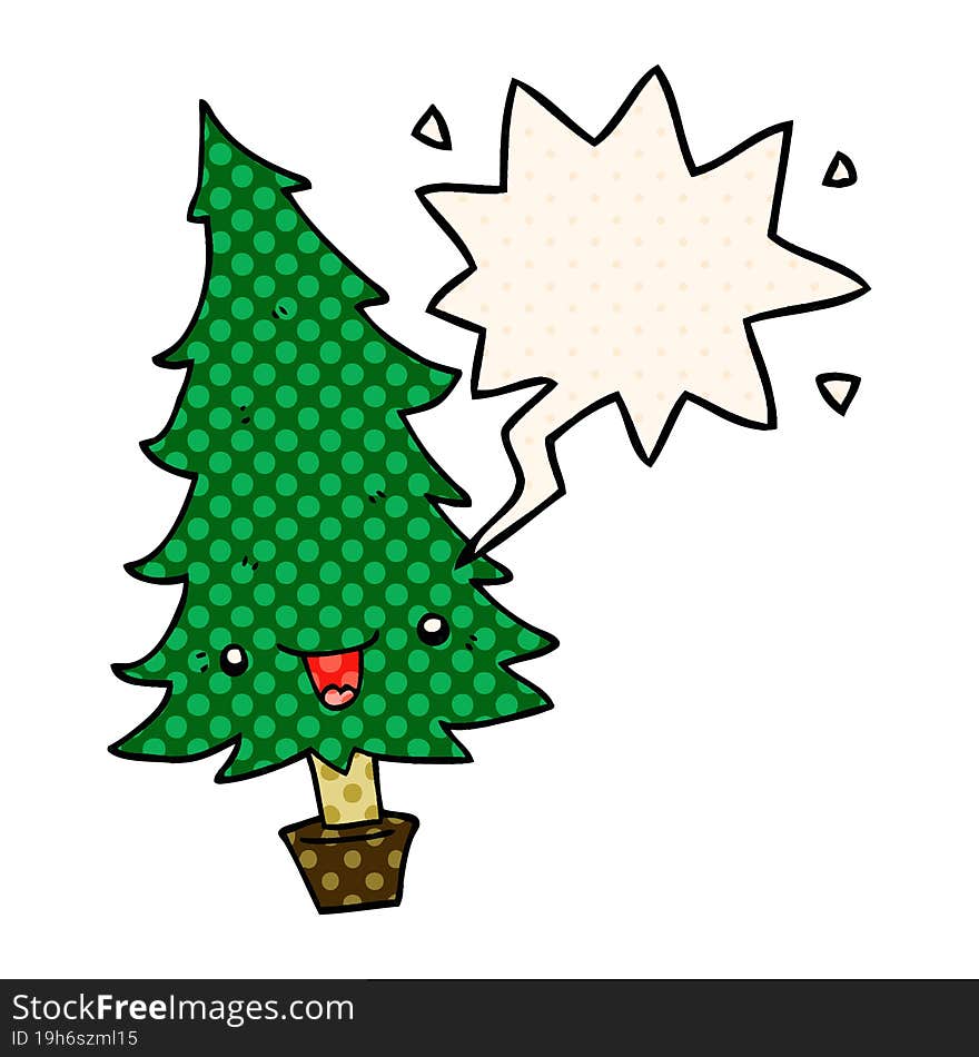 cute cartoon christmas tree with speech bubble in comic book style