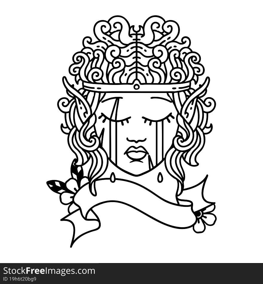 Black and White Tattoo linework Style crying elf barbarian character face. Black and White Tattoo linework Style crying elf barbarian character face